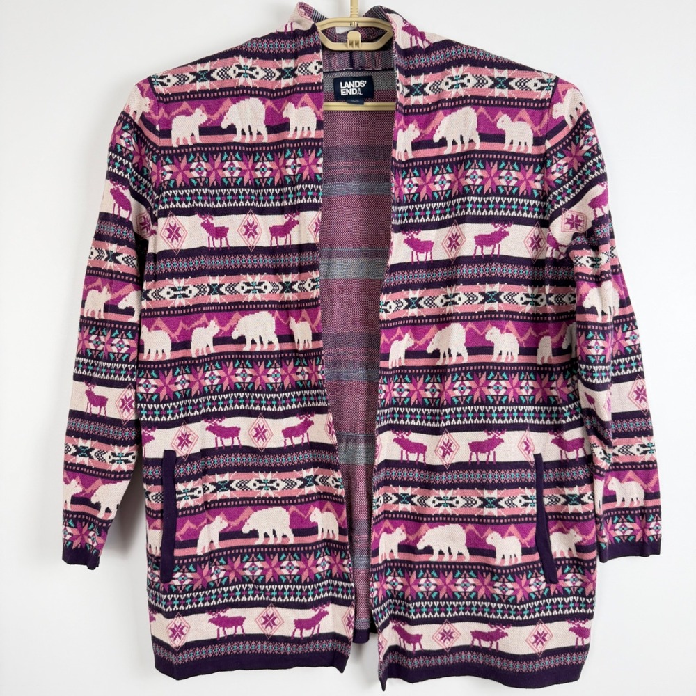 Lands End Womens Purple Fair Isle Polar Bear Moose Cotton Cardigan Sweater L P